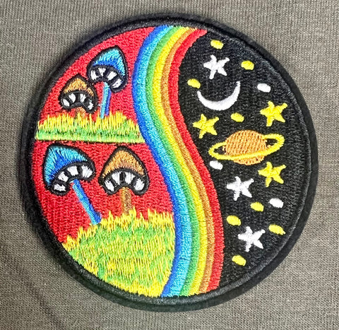 3" Space/Mushrooms Iron on patch.