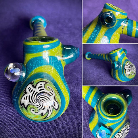 6" Dichro Green/Blue w/Opal on Side. Black/White Wig-Wag on Front Dry Hammer pipe Made By Pharo