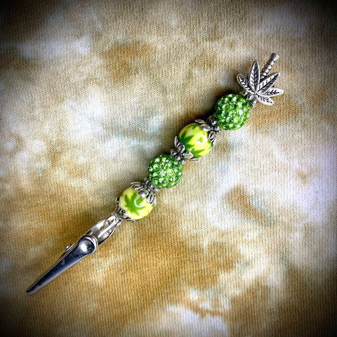 4" Silver Leaf Charm w/ 4 Large Yellow/Green Beads Clip