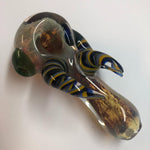 5.25" Fumed Frit Handpipe with Triple Yellow/Blue Striped Horns & Green Carb