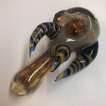 5.25" Fumed Frit Handpipe with Triple Yellow/Blue Striped Horns & Green Carb