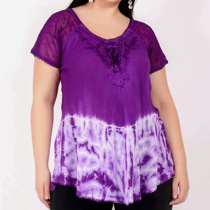 Sheer Shoulder Tie Dye Lace Up Top