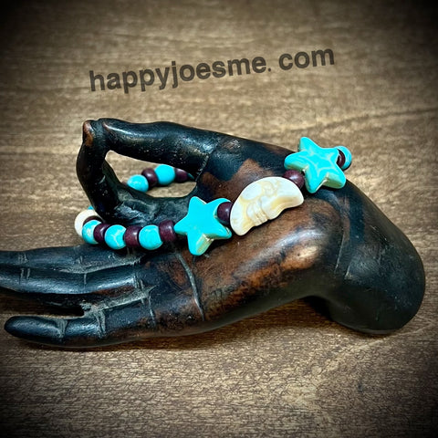 3" Stone/Wood Bead Bracelet w/Moon/Stars Beads