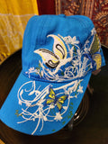 Blue Snap Back Baseball Hat w/embroidered butterfly's and flowers