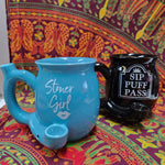 Mug Pipe-Stoner Girl Blue or Sip Puff Pass Black