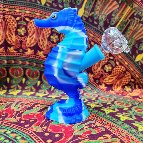 6" Seahorse Silicone Waterpipe-Blue/White/Light Blue
