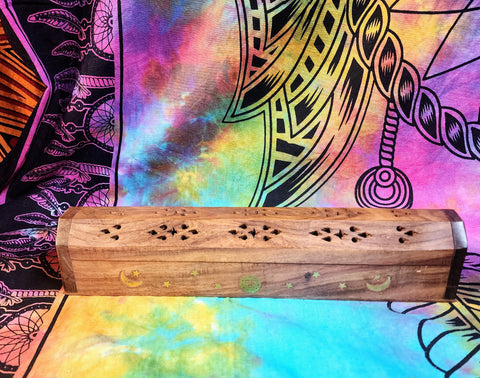 Rosewood Coffin Incense Burner 12" Jali & Sun-Moon-Stars