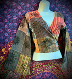 Patchwork Flower Tie Top W/Flare Sleeves