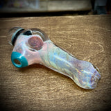 5.5" Pink/Green Frit Fumed Handpipe with Reduction Marble Front & Teal Carb