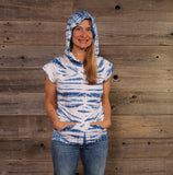 MAKING WAVES HOODY Cotton Lycra Blue & White Tie Dye Razor Cut Sleeveless Hooded Top w/Pocket & w/ Front Pocket Size-Large