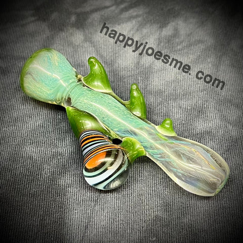 Large Green Frit Chillum W/Sparkly Green Horns and Marble