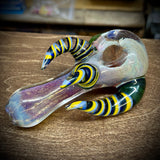 5.25" Fumed Frit Handpipe with Triple Yellow/Blue Striped Horns & Green Carb