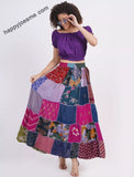 Women's Multi Patch Elastic Waist Drawstring long Skirt