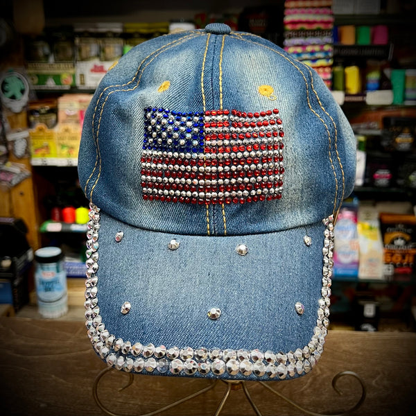 Rhinestone American Flag Jean Baseball Hat ￼ – Happy Trails  display picture 2