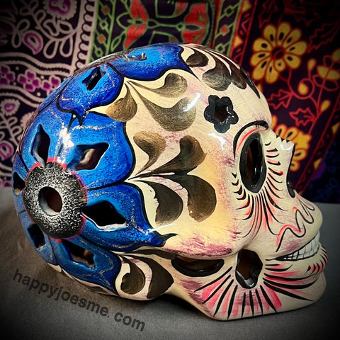 Cream With Sparkly Blue Flowers Sugar Skull