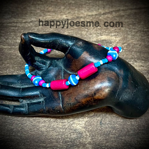 3" Blue/White Glass Bead/Pink Wood Bracelet w/Two Big Pink Beads