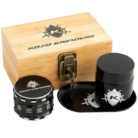 Premium Bamboo Box with Original Grinders, Tray, and UV Jar. Built-in Lock & Keys
