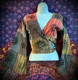 Patchwork Flower Tie Top W/Flare Sleeves