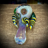 5.25" Fumed Frit Handpipe with Triple Yellow/Blue Striped Horns & Green Carb