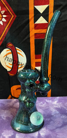 9" Sparkly Blues & Greens Stand Up Bubbler With Large White Sparkly Marble