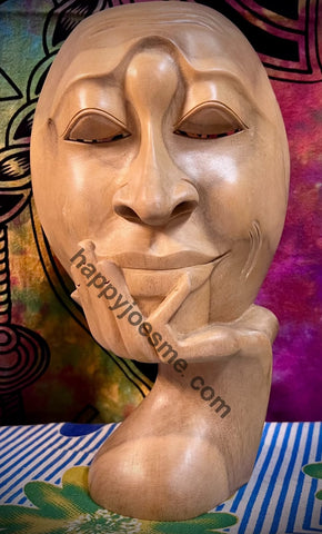 Unique Dark Hibiscus Wood Face Sculpture, "Man in Thought II"