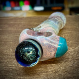 5.5" Pink/Green Frit Fumed Handpipe with Reduction Marble Front & Teal Carb