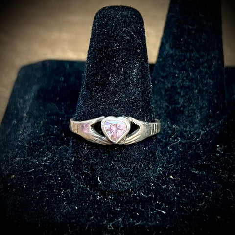 Pink Cubic Zirconia Claddagh 925 Silver Ring Size-10