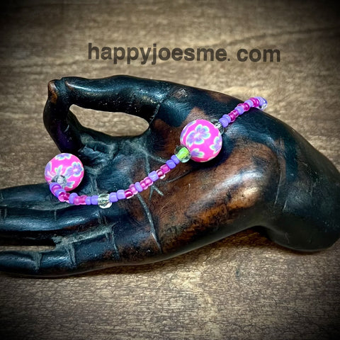 3" Purple/Pink Glass Bead Bracelet w/Flower Beads