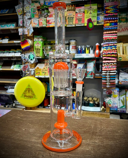 14” Glass Dual Perc Waterpipe w/Orange Accents-RS549