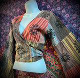 Patchwork Flower Tie Top W/Flare Sleeves