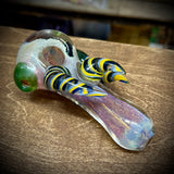 5.25" Fumed Frit Handpipe with Triple Yellow/Blue Striped Horns & Green Carb