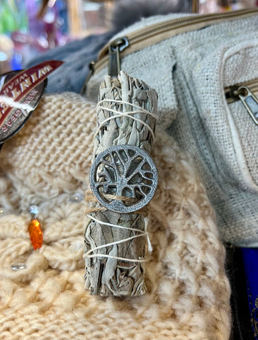 4” white sage with tree of life charm ￼