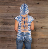 MAKING WAVES HOODY Cotton Lycra Blue & White Tie Dye Razor Cut Sleeveless Hooded Top w/Pocket & w/ Front Pocket Size-Large