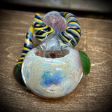 5.25" Fumed Frit Handpipe with Triple Yellow/Blue Striped Horns & Green Carb
