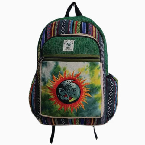 The Collection Royal Sun Moon Embroidered Tie Dye Hemp Cotton Backpack-Green