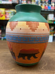 Navajo Native American Etched Red Clay Pottery Small Vase With Bear
