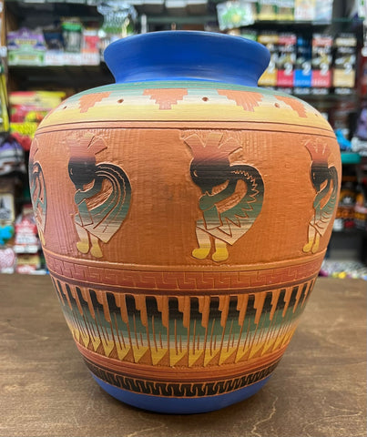 Navajo Native American Etched Red Clay Pottery Large Vase With Multiple Kokopelli