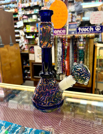 10" Rock Glass Beaker Waterpipe w/.Perc-Fumed Squiggles-Blue-Straight Neck