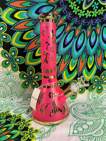 10" Gili Glass Beaker w/Ice Catcher Gold w/Nola Print Pink Waterpipe