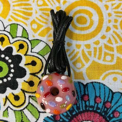 1.5" Pink/Sprinkle Donut Pendant on Cord-By KGB Glass