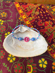 6" Blue/Purple/White Beads-Pink Peace Sign/Big Flowers Beads Bracelet