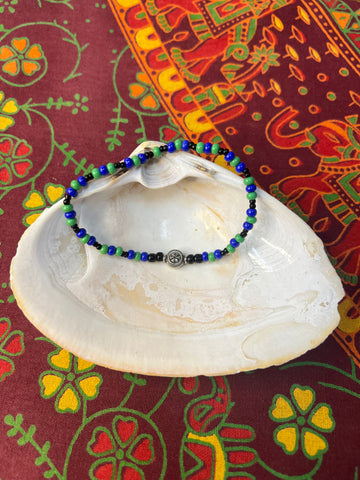 6" Green/Blue/Black Beads-Metal Flower Bracelet
