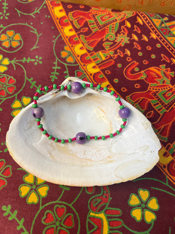 6" Green/Pink Beads-Big Purple Beads Bracelet by Lori Williams