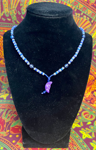 19" Blue/Clear Beads Purple Crescent Moon Pendant Necklace
