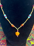 19.5" Orange/Teal/Red Beads Orange Flower Pendant Necklace