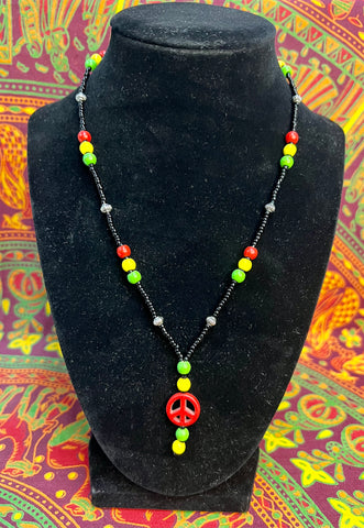 17.5" Rasta Beads/Metal Beads Red Peace Sign Pendant Necklace