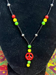 17.5" Rasta Beads/Metal Beads Red Peace Sign Pendant Necklace
