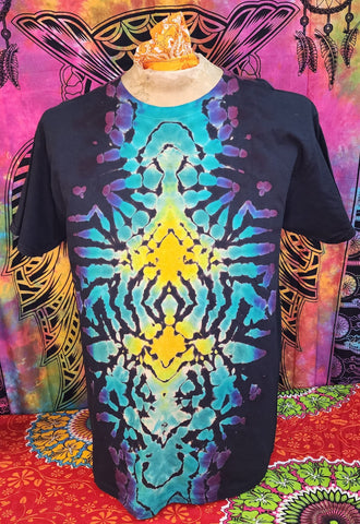 Tie Dyed Twice T-Shirt-Blue, Yellow, & Purple All-Over-Black Background- Size Large