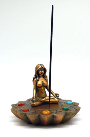 Bronze Lady Chakra Stones Round Incense Burner