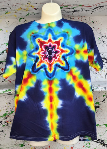 Don Martin KIDS T-Shirt-Rainbow Mandala on Blue -Size Extra Large-Short Sleeve